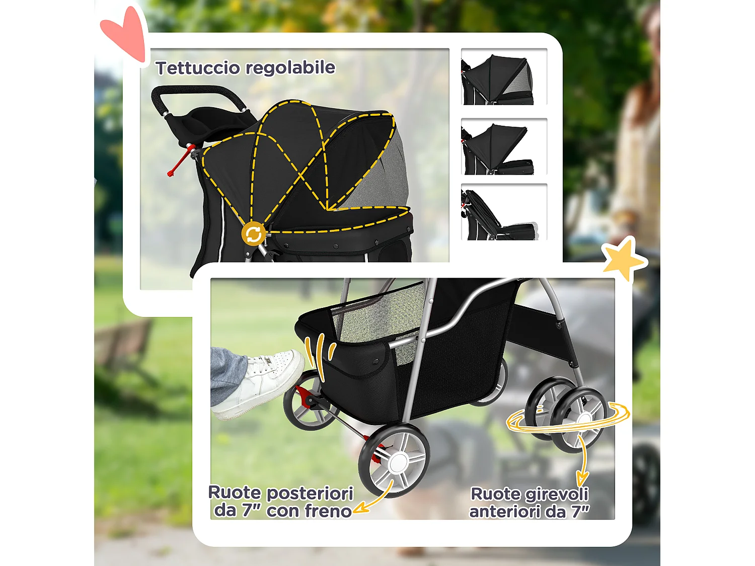 Passeggino per cani pieghevole con cestino e portabicchiere nero