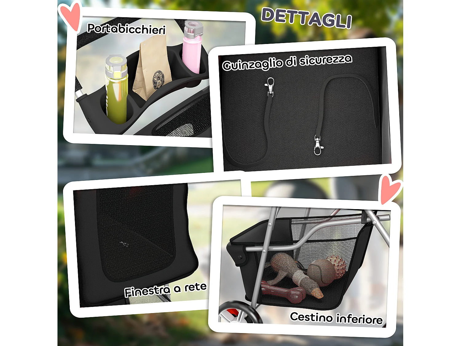 Passeggino per cani pieghevole con cestino e portabicchiere nero