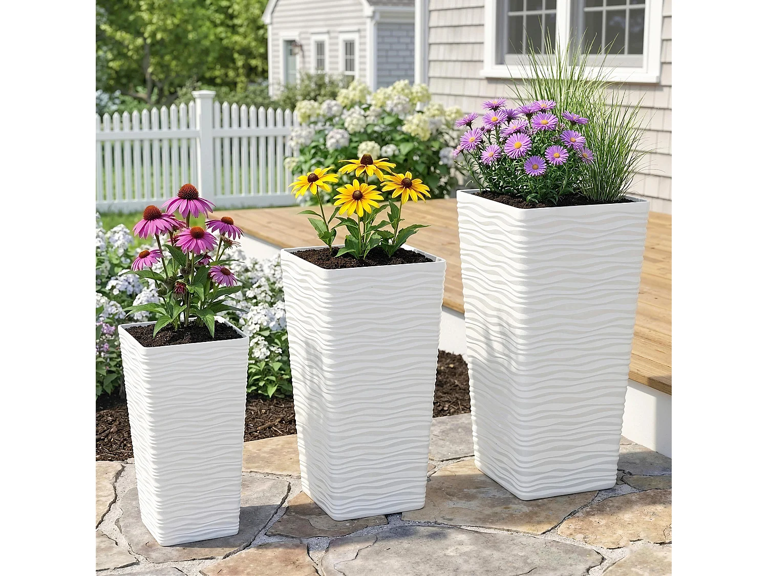 Set 3 vasi da esterno impilabili in plastica bianco