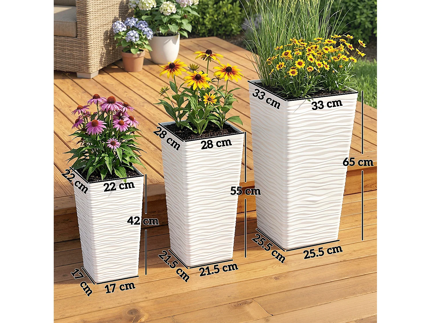 Set 3 vasi da esterno impilabili in plastica bianco