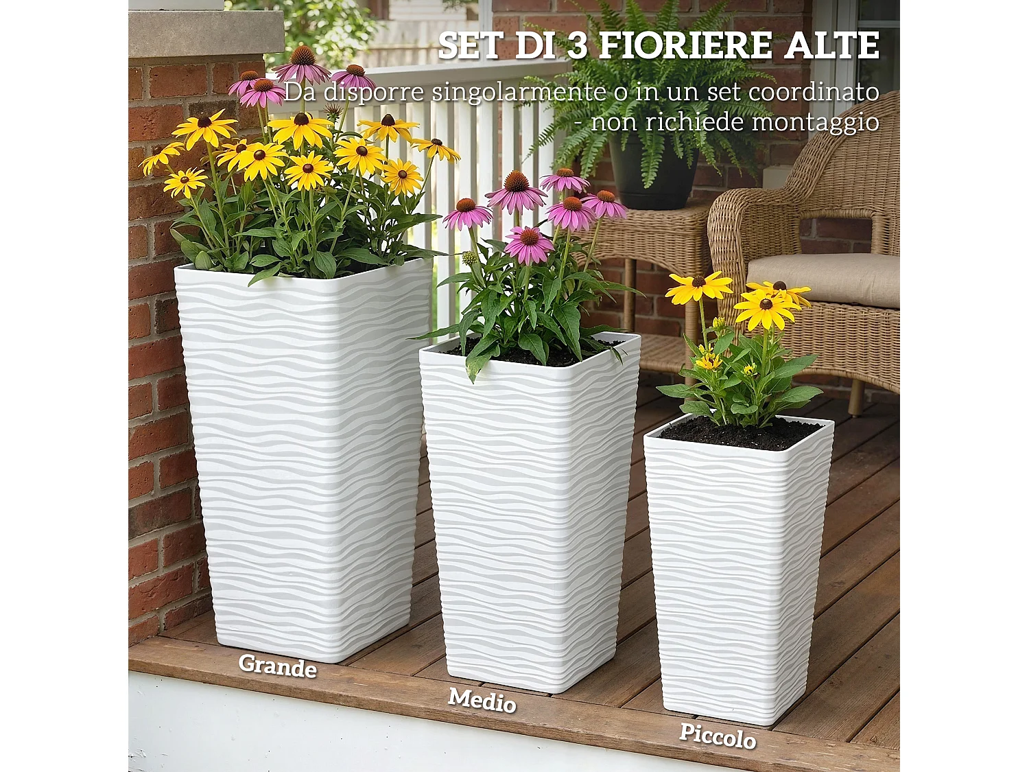 Set 3 vasi da esterno impilabili in plastica bianco