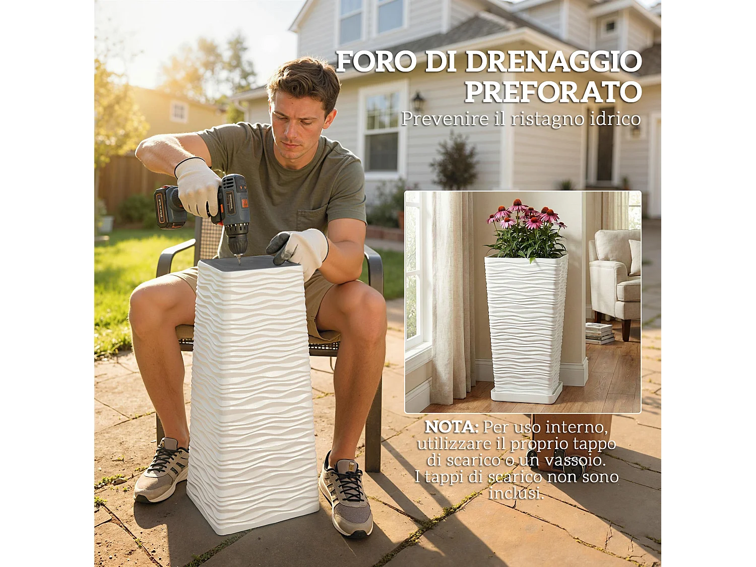 Set 3 vasi da esterno impilabili in plastica bianco