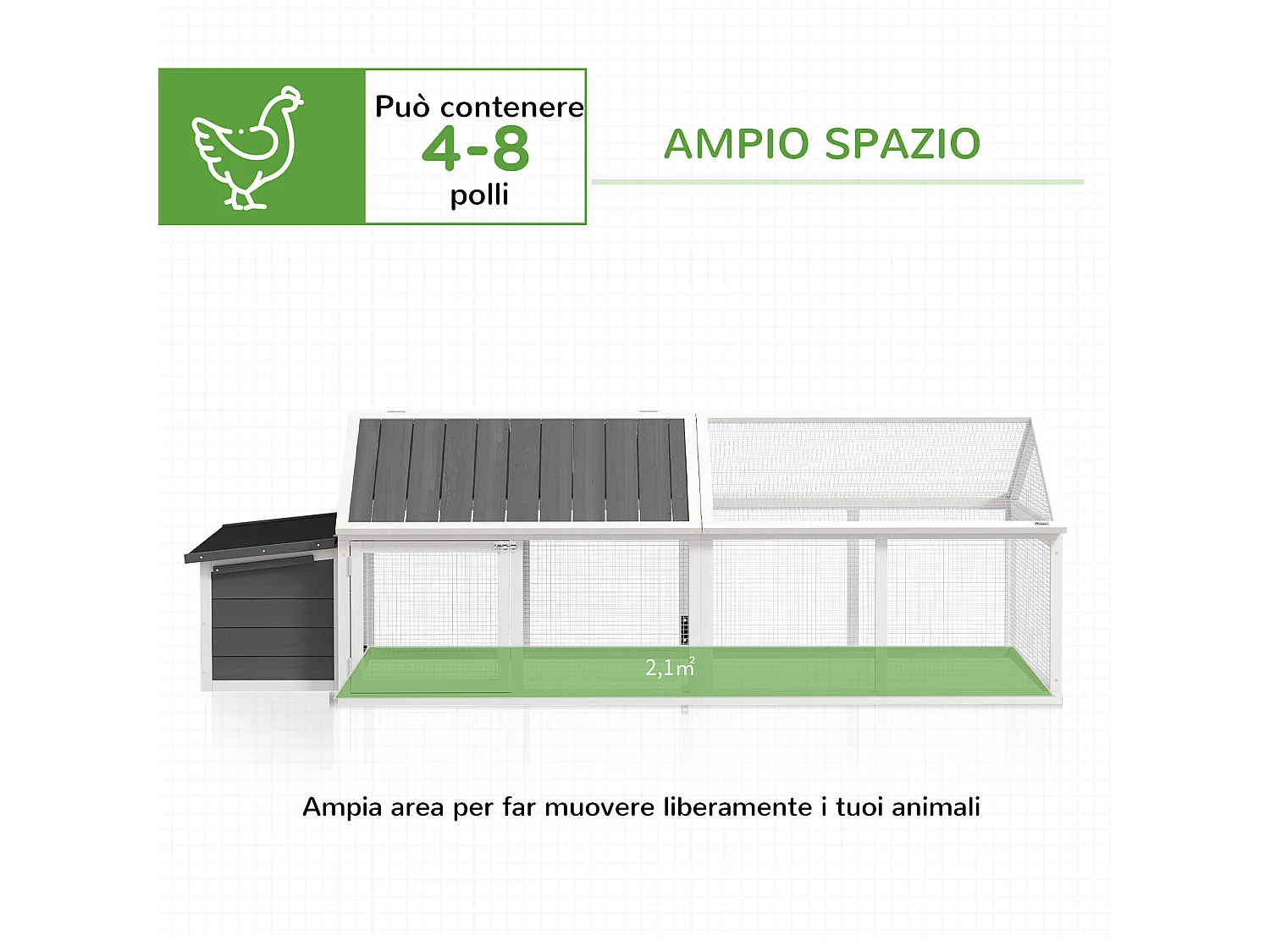 Pollaio da giardino in legno di abete con rete metallica bianco