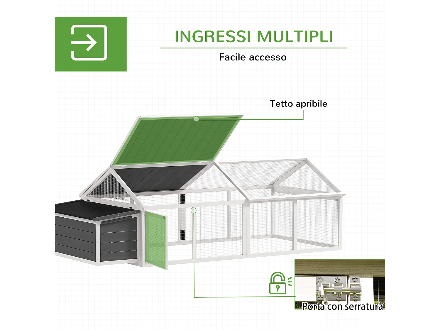 Pollaio da giardino in legno di abete con rete metallica bianco