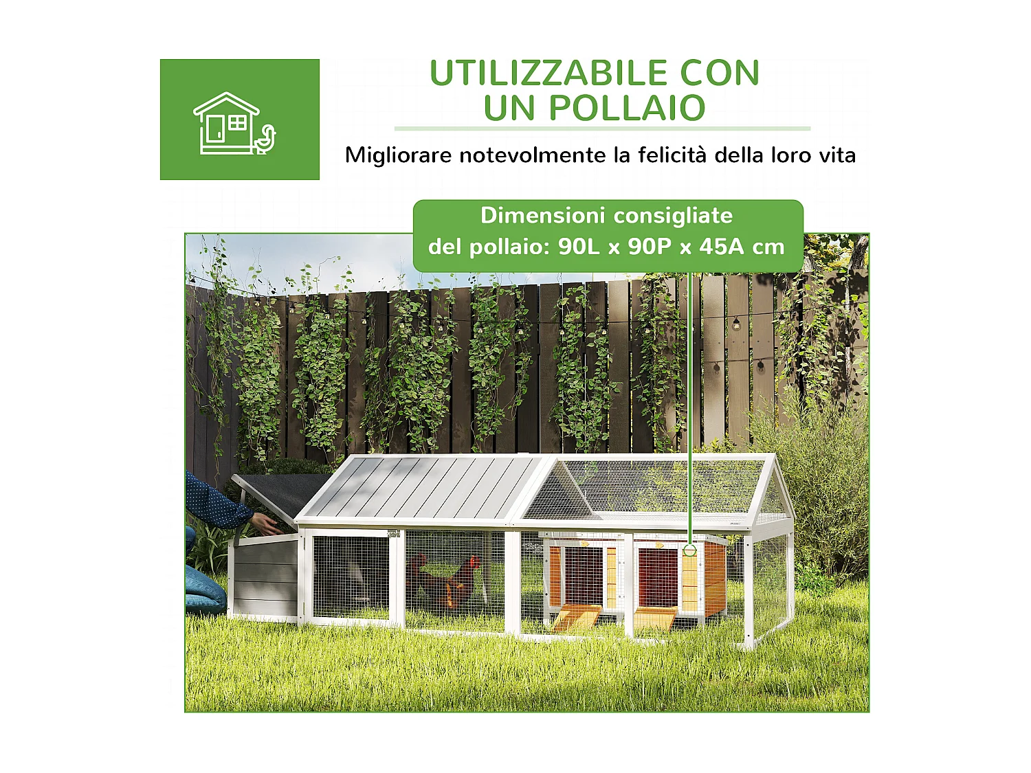 Pollaio da giardino in legno di abete con rete metallica bianco