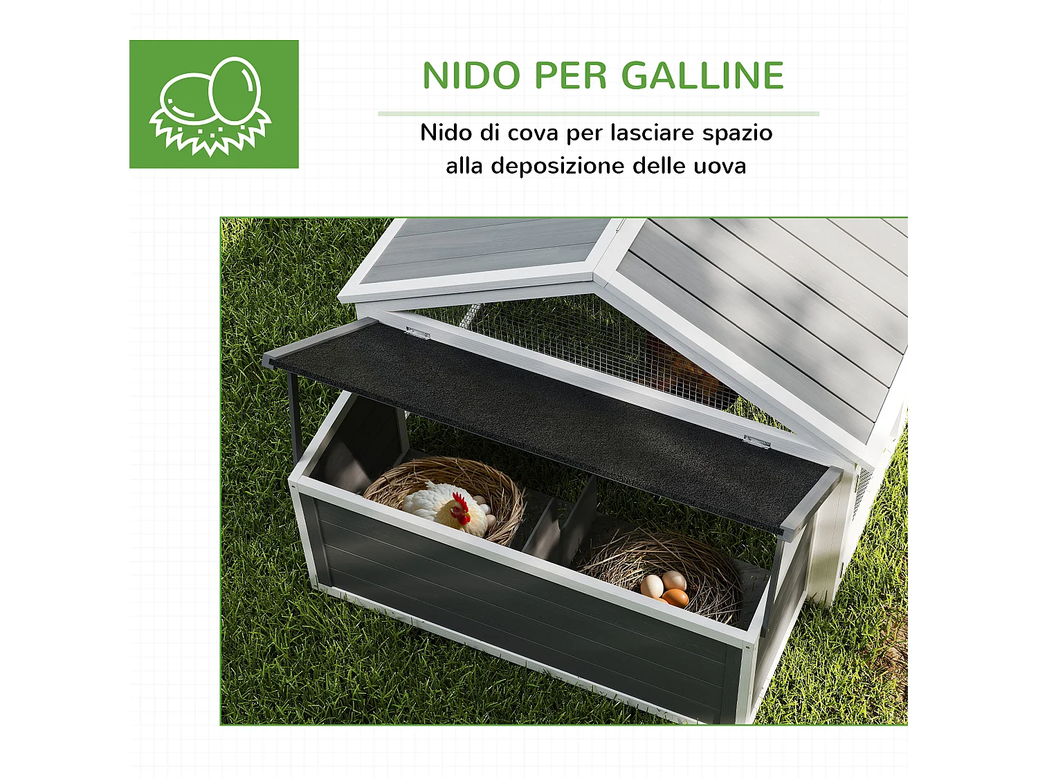 Pollaio da giardino in legno di abete con rete metallica bianco