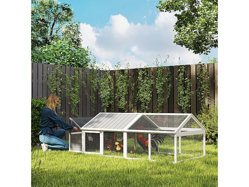 Pollaio da giardino in legno di abete con rete metallica bianco