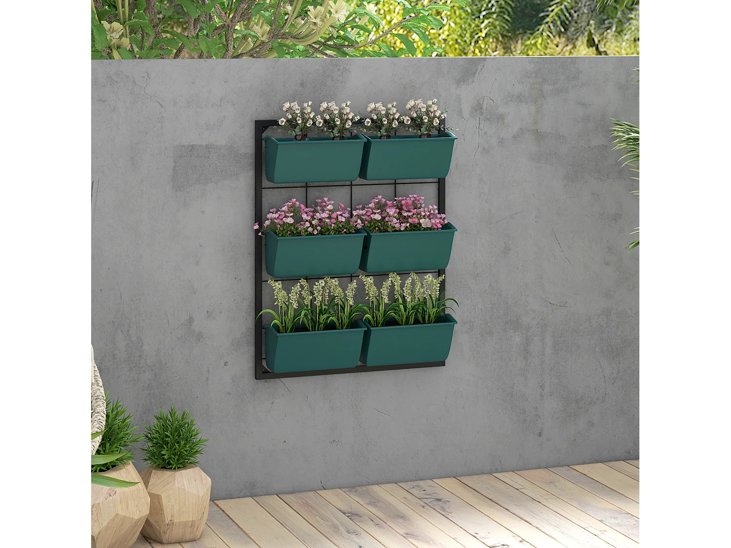 6 vasi da giardino su 3 livelli in acciaio e plastica verde