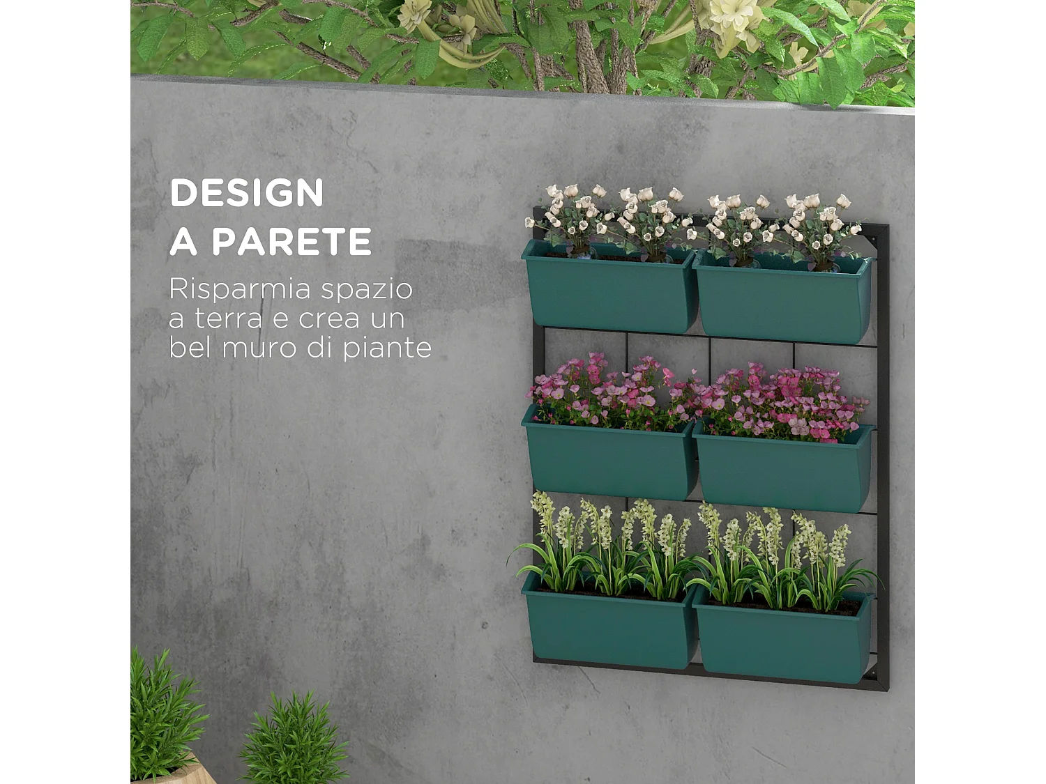 6 vasi da giardino su 3 livelli in acciaio e plastica verde