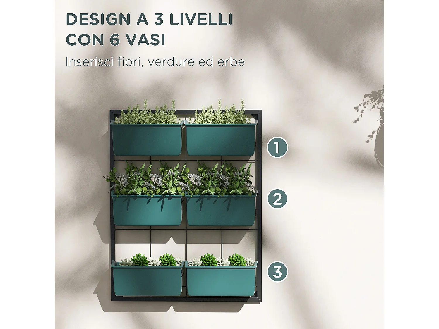 6 vasi da giardino su 3 livelli in acciaio e plastica verde