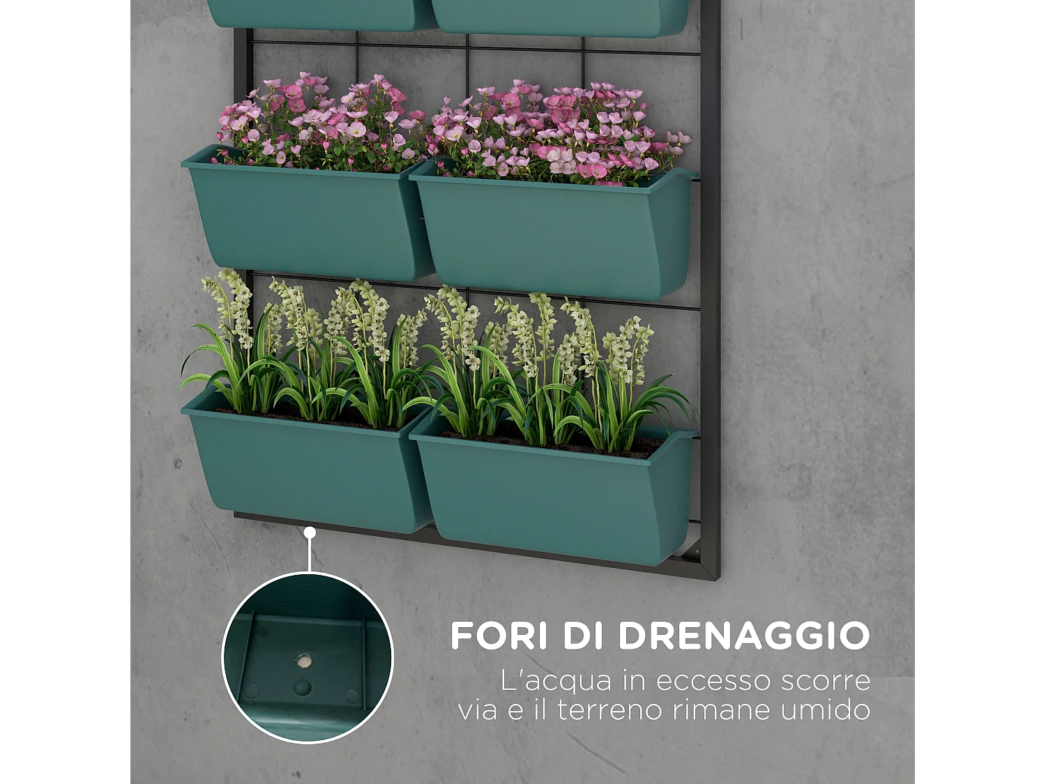 6 vasi da giardino su 3 livelli in acciaio e plastica verde