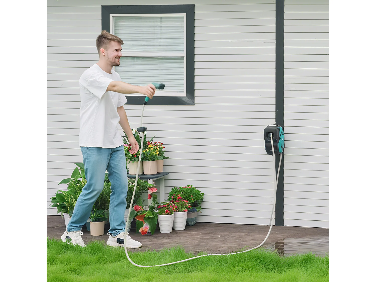 Avvolgitubo automatico a parete 10m da giardino nero e azzurro