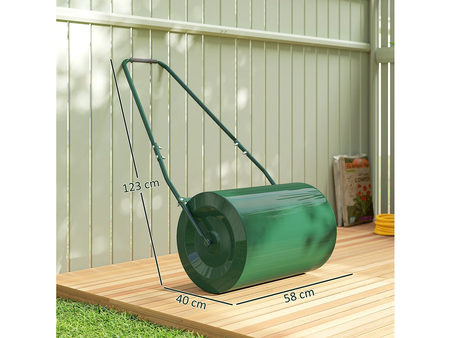 Rullo per prato da 63l di capacità in metallo 123x58x40 cm verde scuro