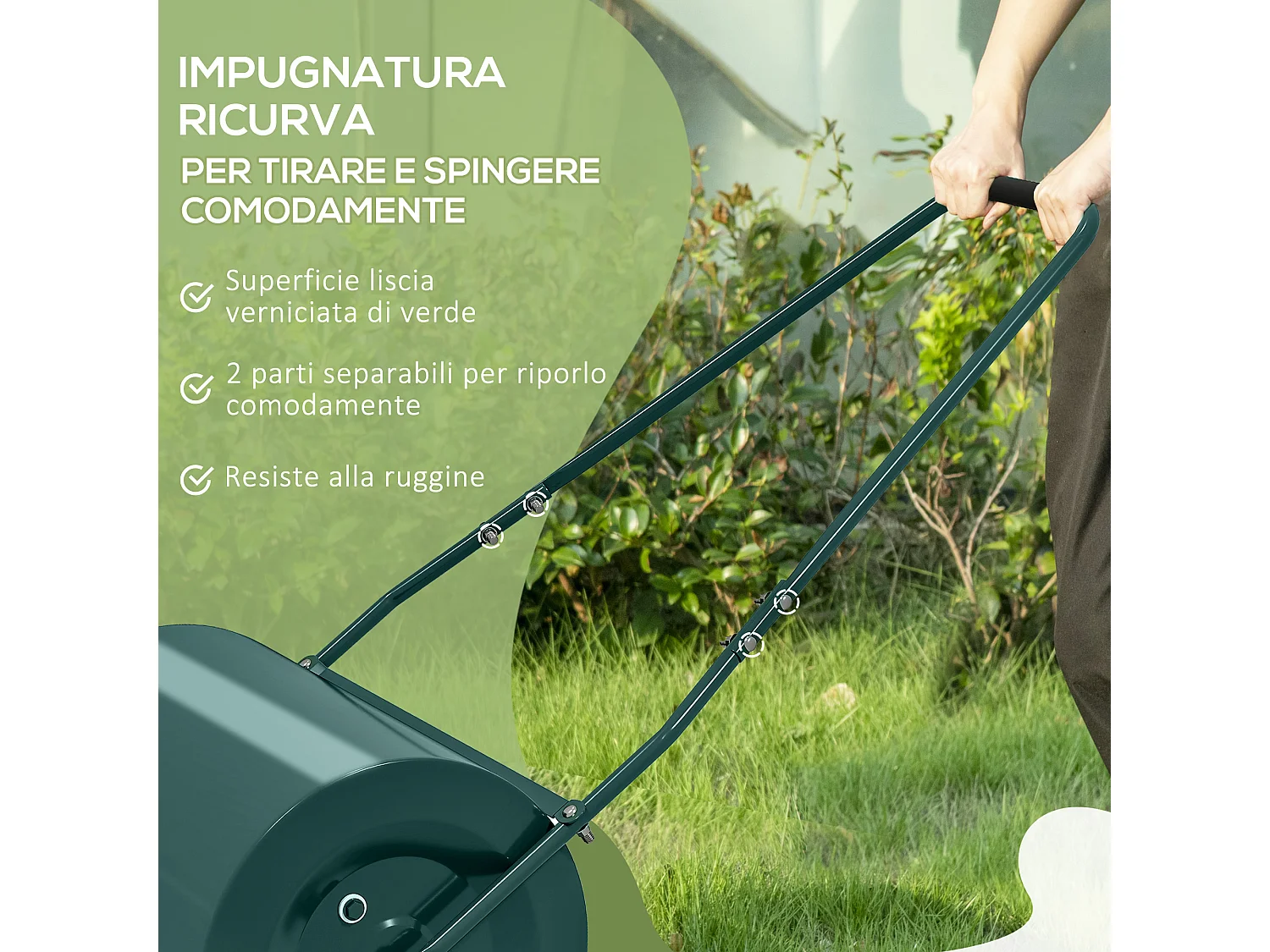 Rullo per prato da 63l di capacità in metallo 123x58x40 cm verde scuro