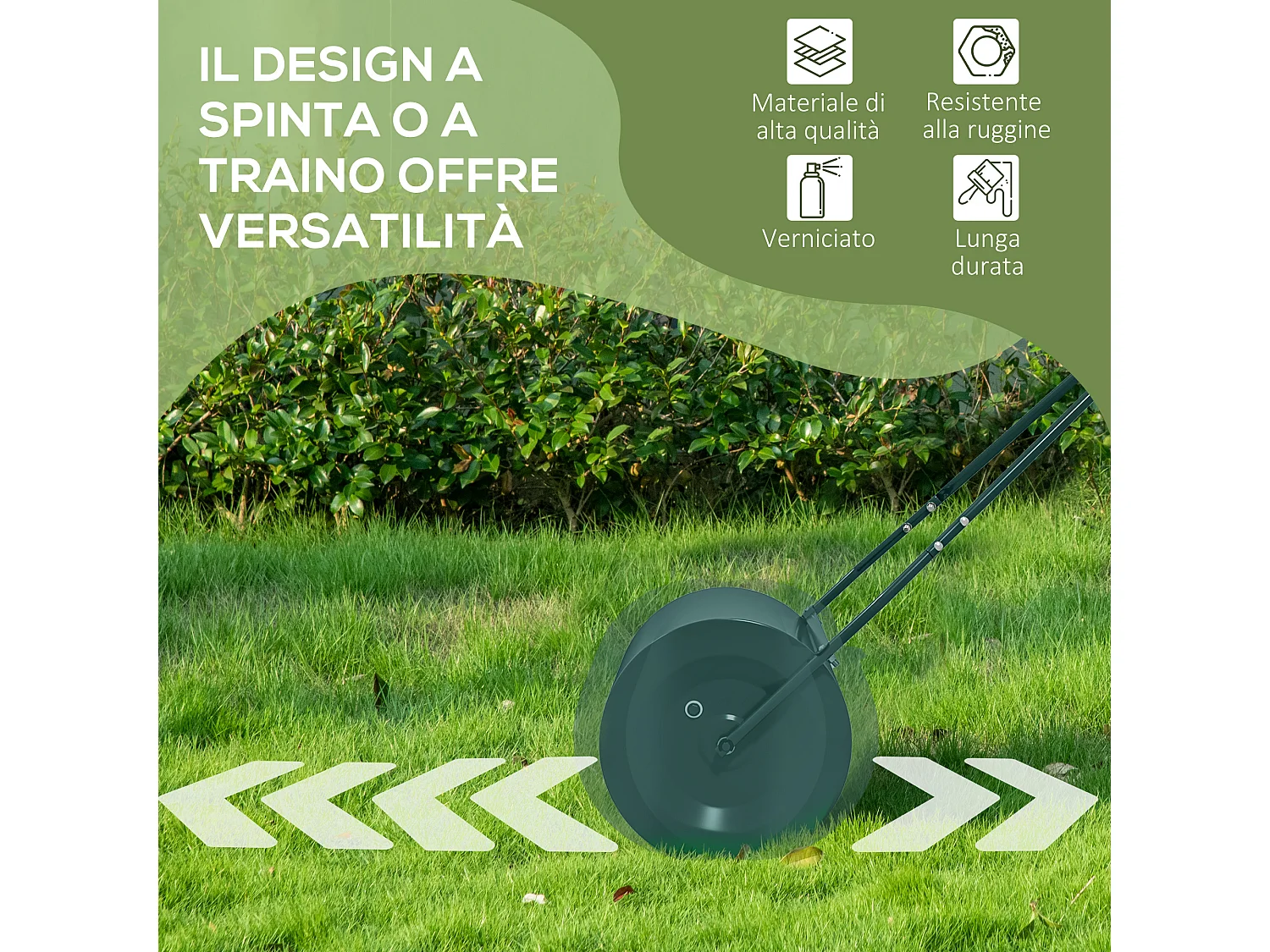 Rullo per prato da 63l di capacità in metallo 123x58x40 cm verde scuro