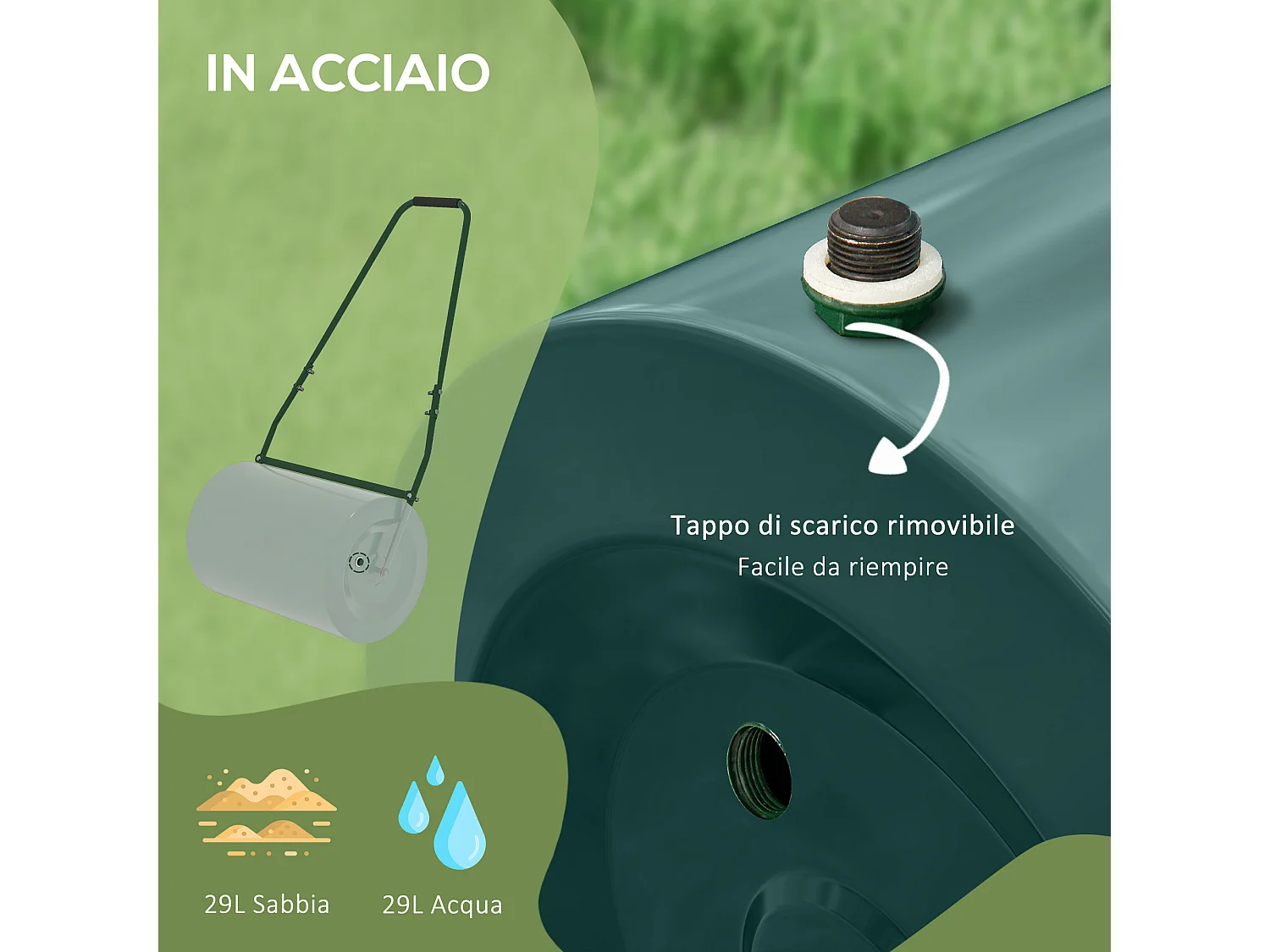 Rullo per prato da 63l di capacità in metallo 123x58x40 cm verde scuro
