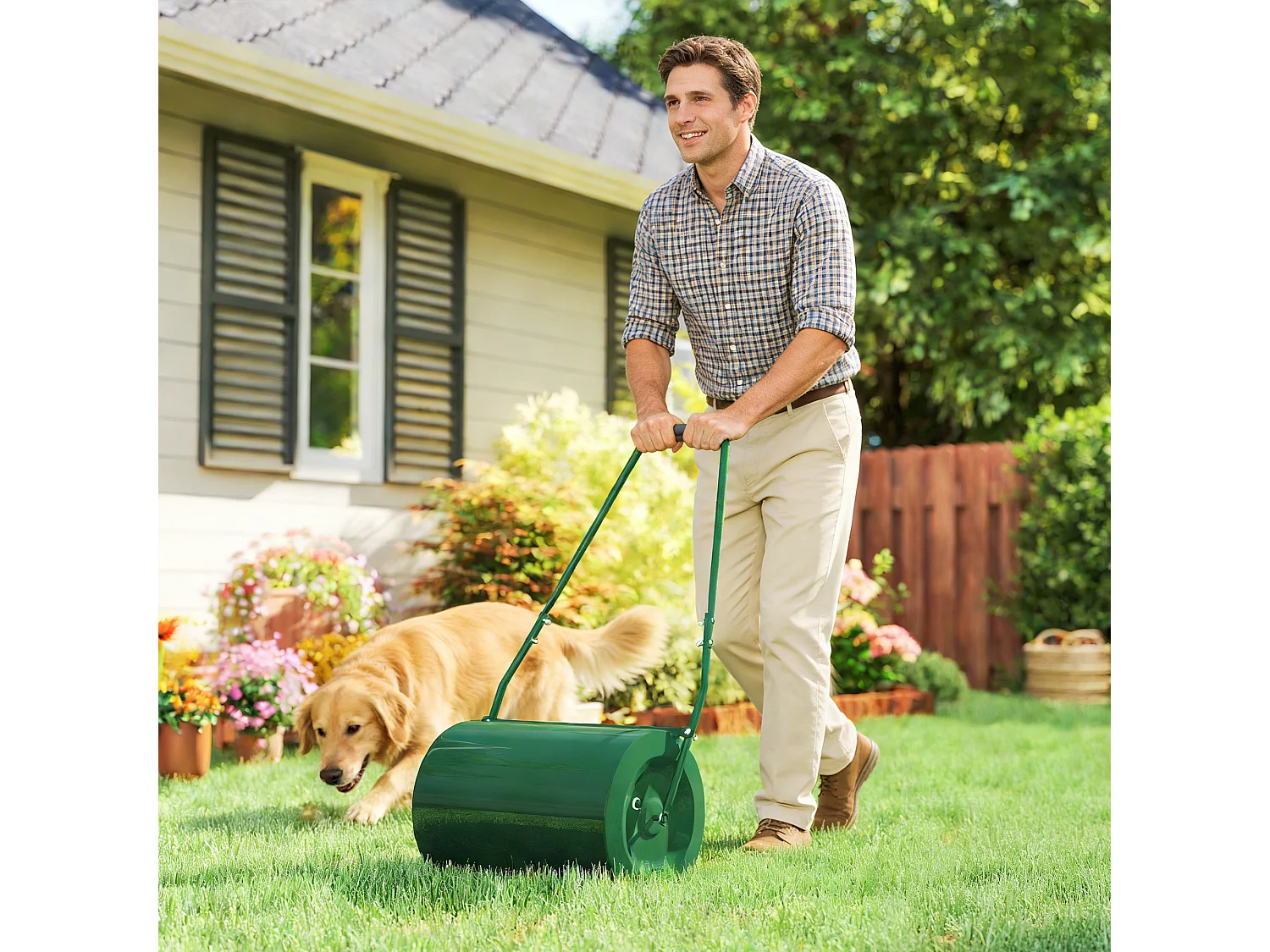 Rullo per prato da 63l di capacità in metallo 123x58x40 cm verde scuro