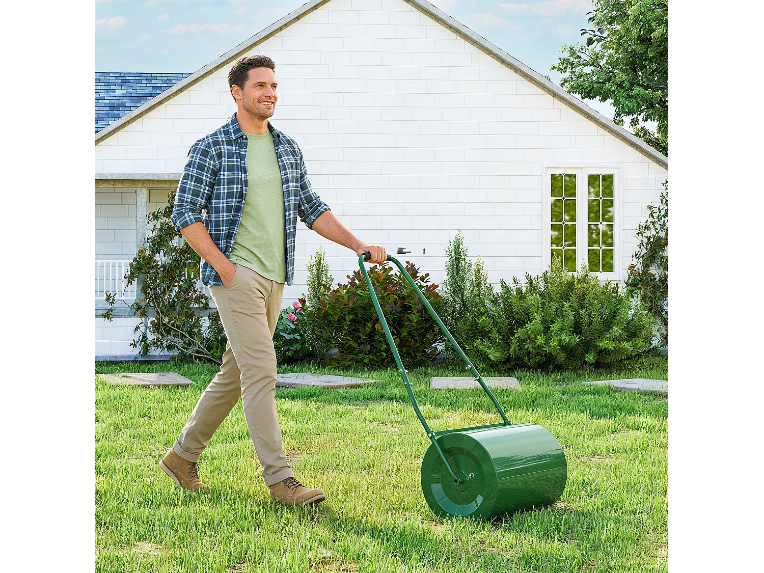 Rullo per prato da 63l di capacità in metallo 123x58x40 cm verde scuro