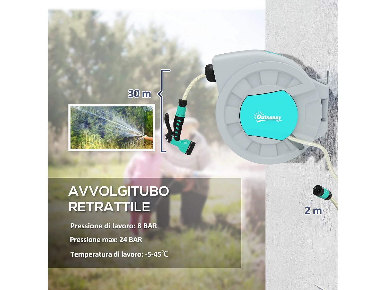 Avvolgitubo automatico a parete e portatile 30+2m e 7 getti