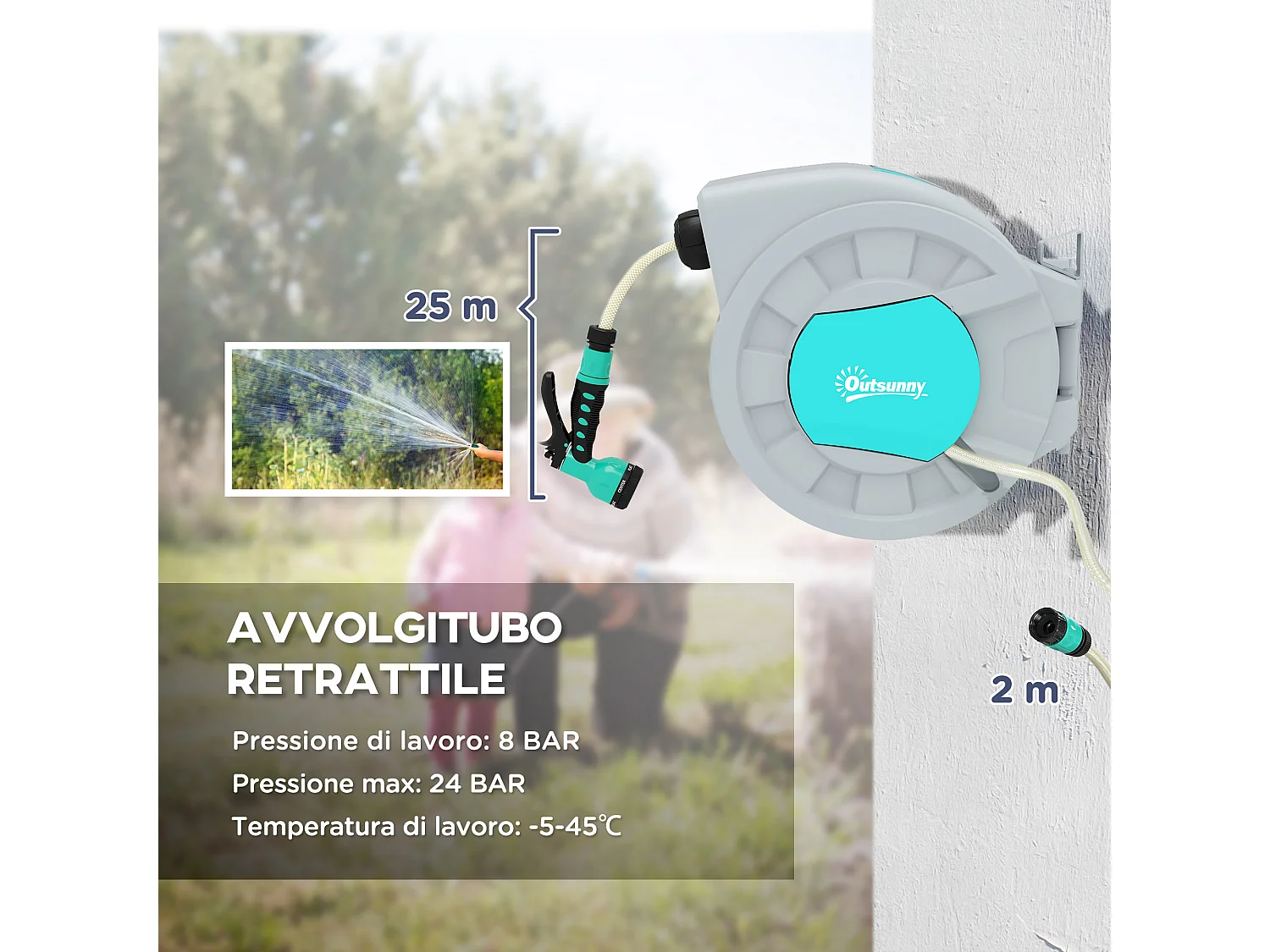 Avvolgitubo automatico a parete e portatile 25+2m e 7 getti