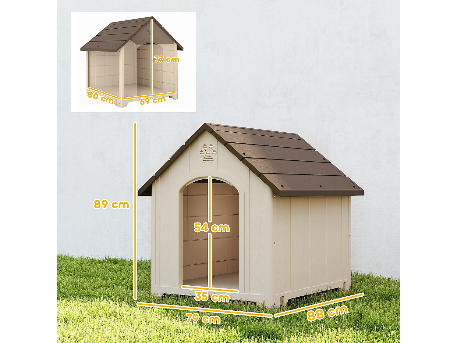 Cuccia per cani in pp con tetto inclinato 88x78x89 cm beige e marrone