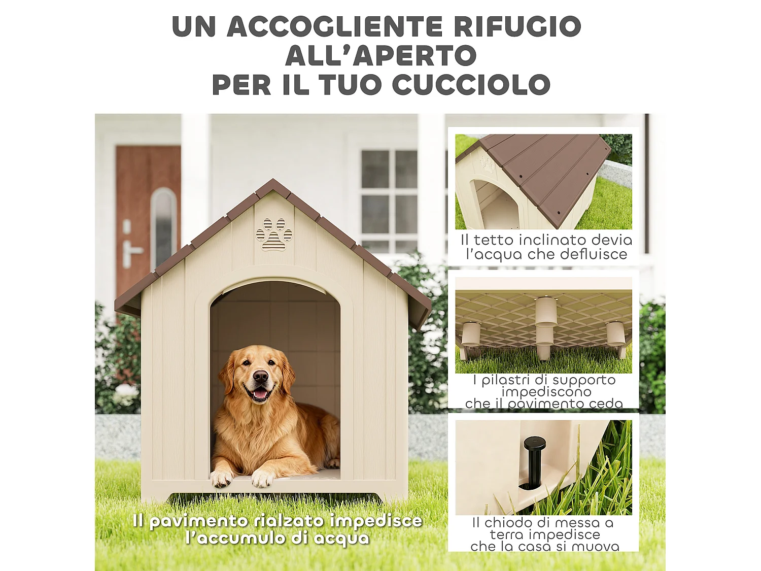 Cuccia per cani in pp con tetto inclinato 88x78x89 cm beige e marrone