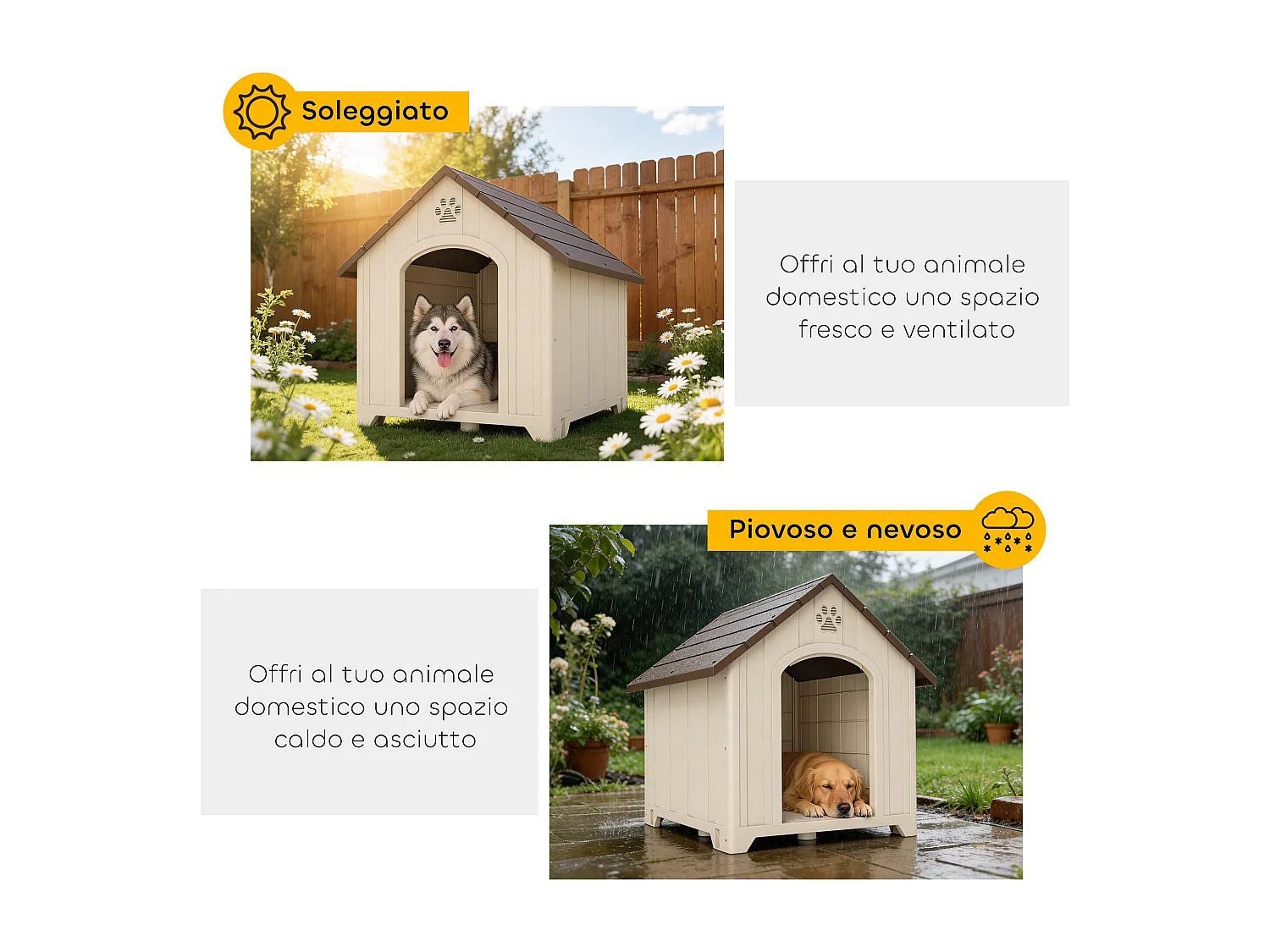 Cuccia per cani in pp con tetto inclinato 88x78x89 cm beige e marrone