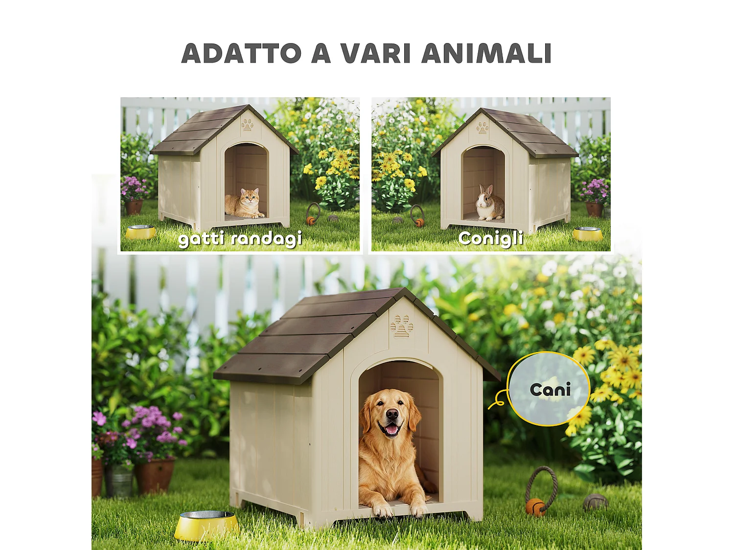 Cuccia per cani in pp con tetto inclinato 88x78x89 cm beige e marrone