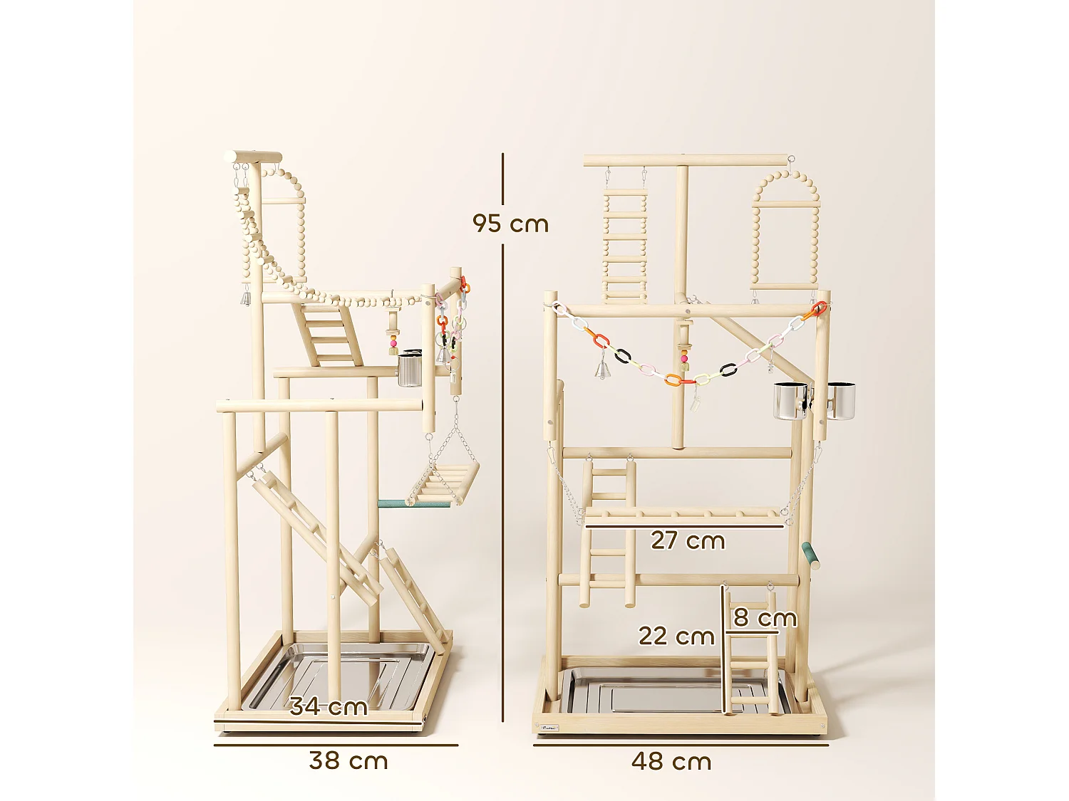 Trespolo per Pappagalli, Parco Giochi per Uccelli con Scale, Catene, Ciotole, Vassoio Rimovibile e Posatoi, per Parrocchetti, Cocorite e Conuri, Legno Naturale