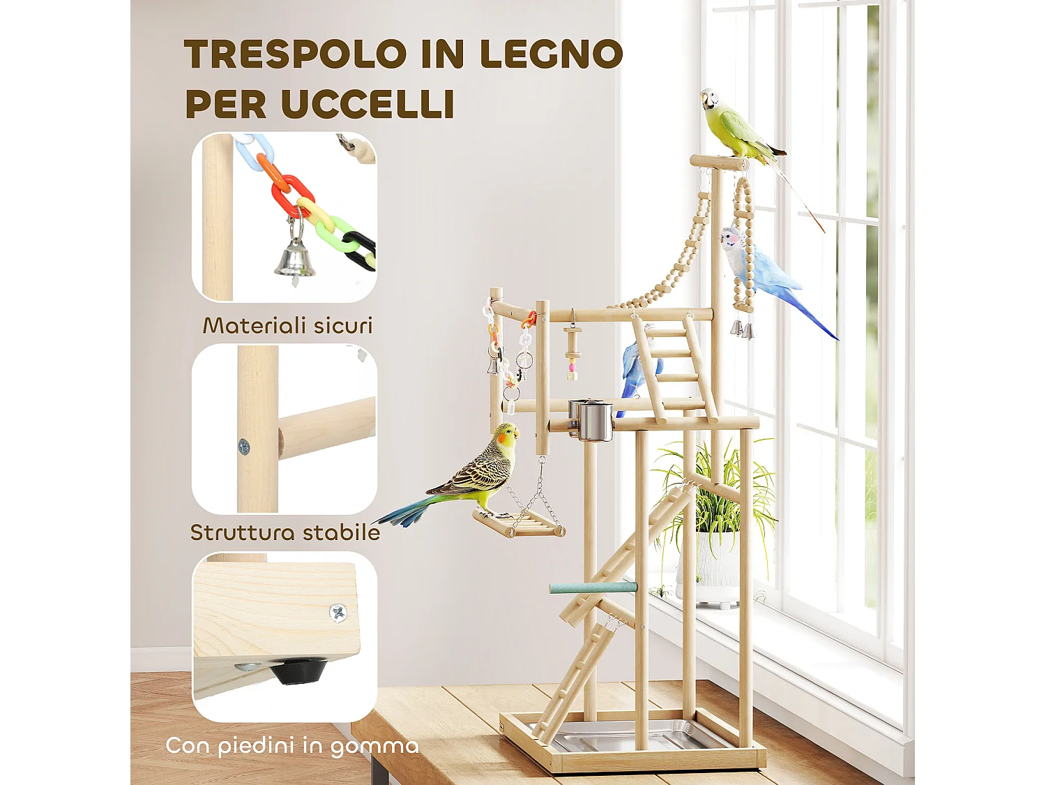Trespolo per Pappagalli, Parco Giochi per Uccelli con Scale, Catene, Ciotole, Vassoio Rimovibile e Posatoi, per Parrocchetti, Cocorite e Conuri, Legno Naturale