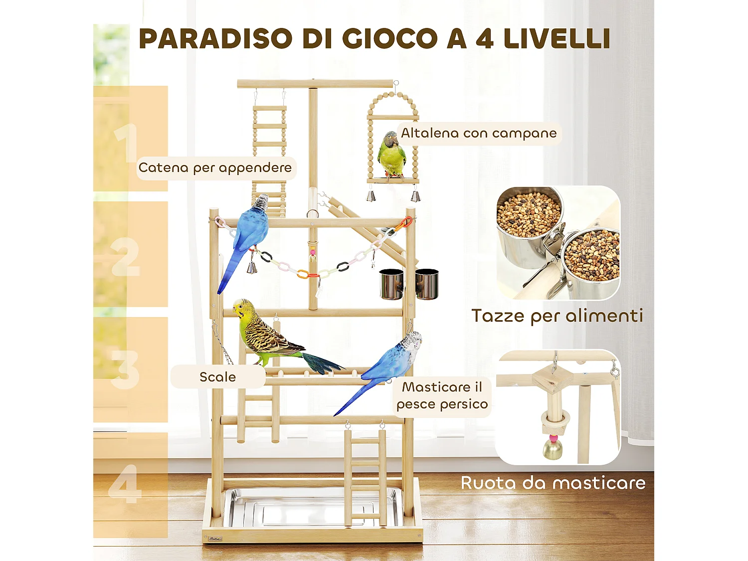 Trespolo per Pappagalli, Parco Giochi per Uccelli con Scale, Catene, Ciotole, Vassoio Rimovibile e Posatoi, per Parrocchetti, Cocorite e Conuri, Legno Naturale