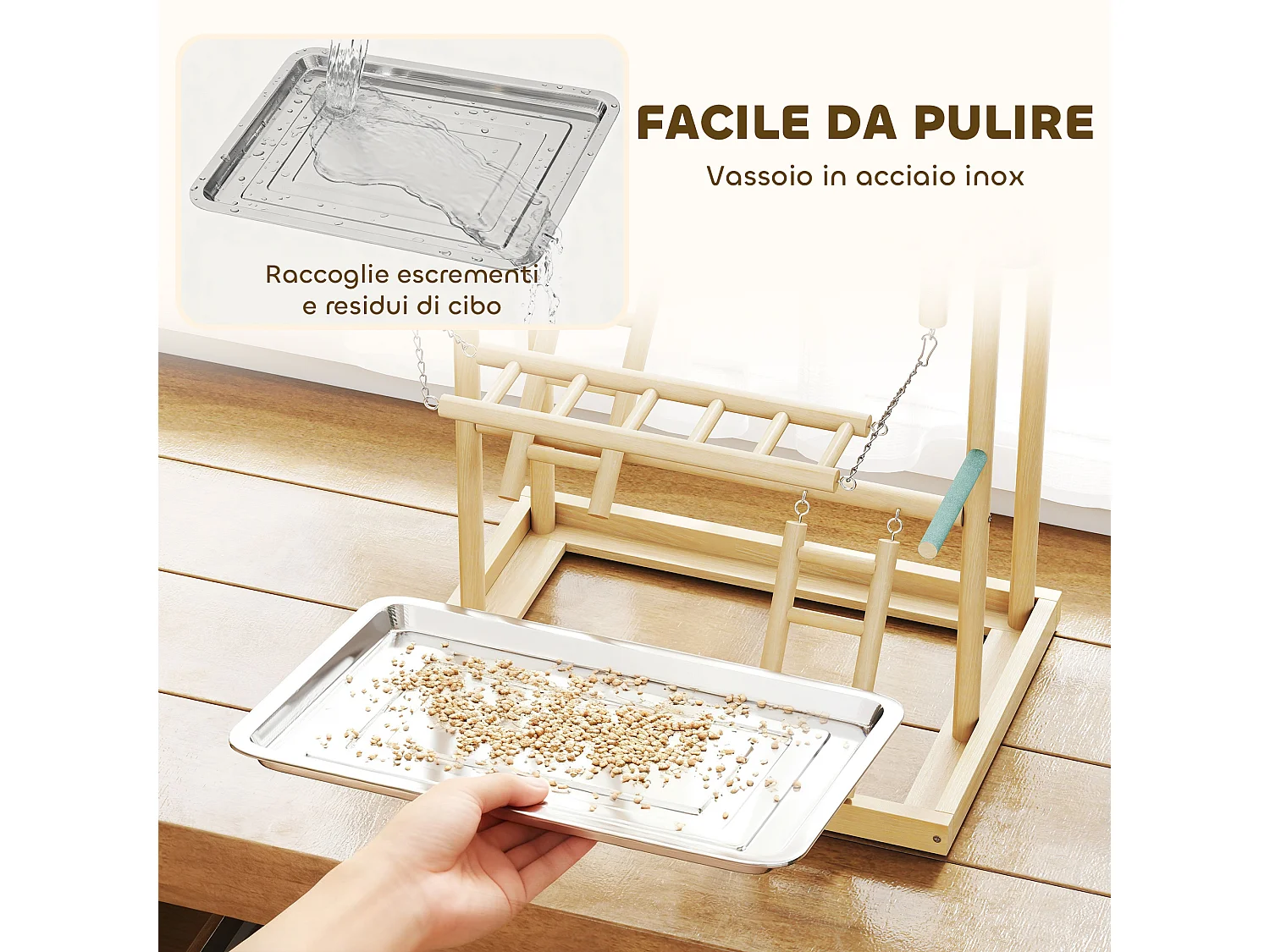 Trespolo per Pappagalli, Parco Giochi per Uccelli con Scale, Catene, Ciotole, Vassoio Rimovibile e Posatoi, per Parrocchetti, Cocorite e Conuri, Legno Naturale