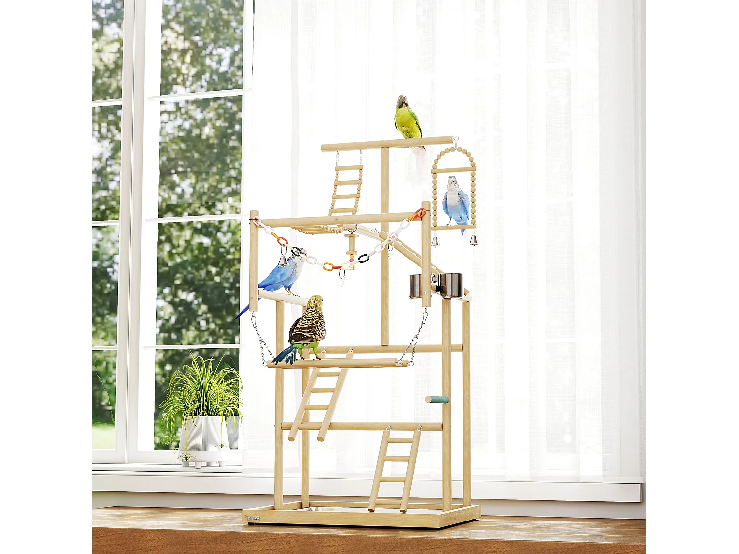 Trespolo per Pappagalli, Parco Giochi per Uccelli con Scale, Catene, Ciotole, Vassoio Rimovibile e Posatoi, per Parrocchetti, Cocorite e Conuri, Legno Naturale