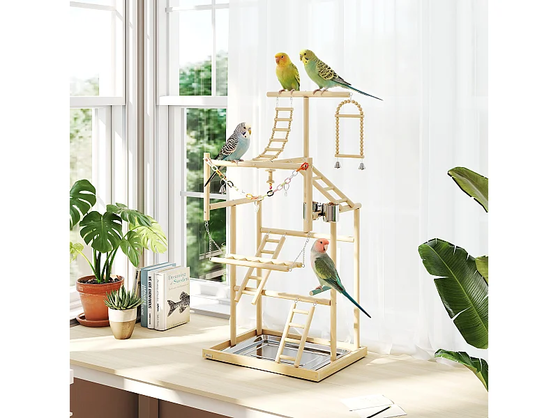 Trespolo per Pappagalli, Parco Giochi per Uccelli con Scale, Catene, Ciotole, Vassoio Rimovibile e Posatoi, per Parrocchetti, Cocorite e Conuri, Legno Naturale