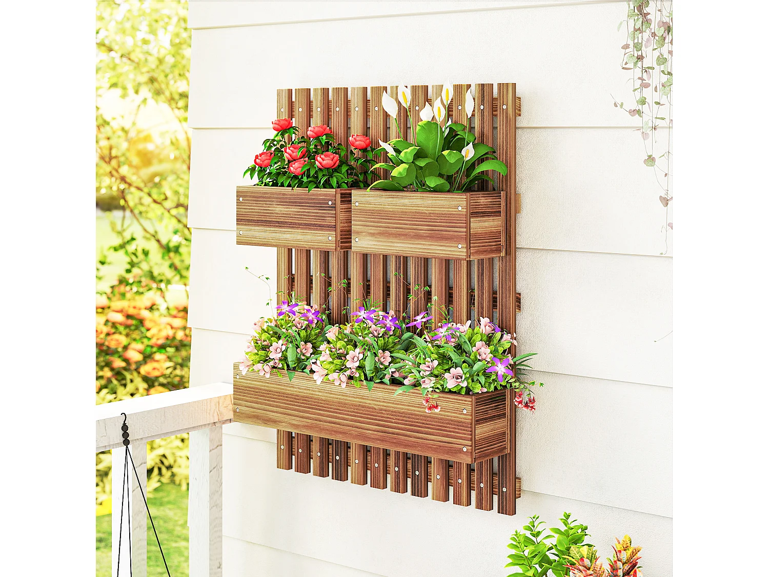Fioriera verticale a doghe con 3 vasi rimovibili in legno marrone