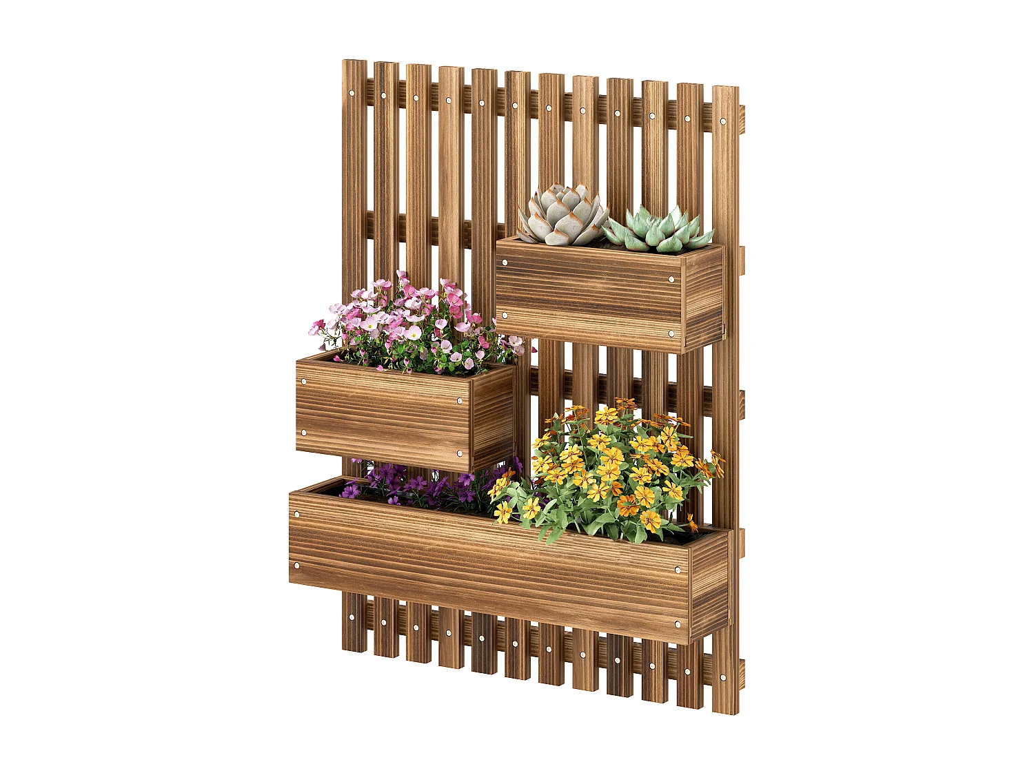 Fioriera verticale a doghe con 3 vasi rimovibili in legno marrone