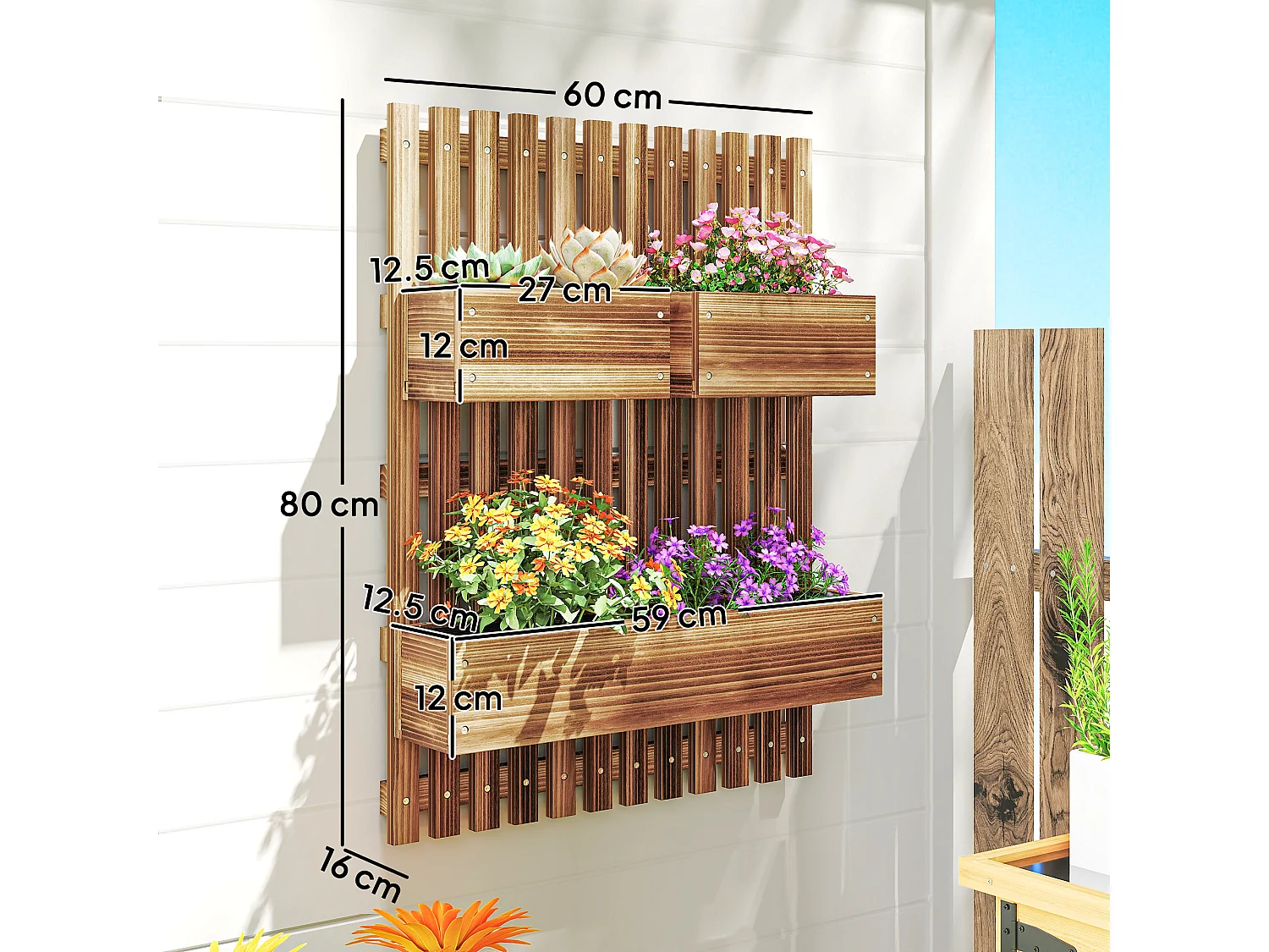 Fioriera verticale a doghe con 3 vasi rimovibili in legno marrone