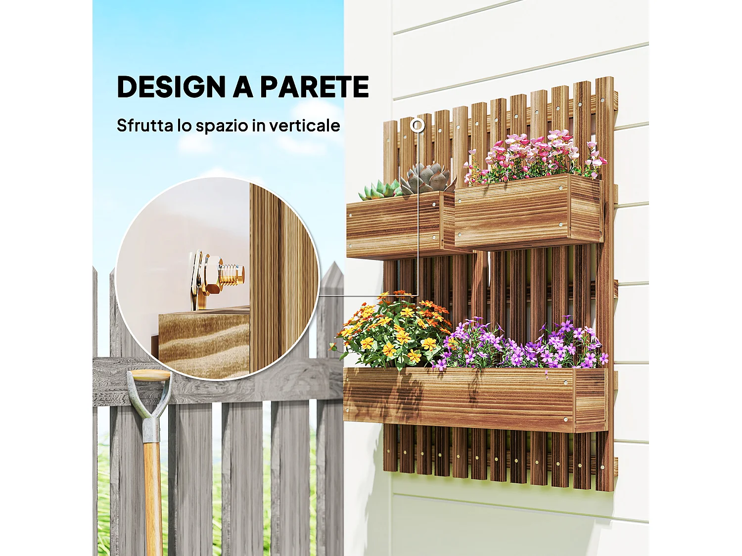 Fioriera verticale a doghe con 3 vasi rimovibili in legno marrone