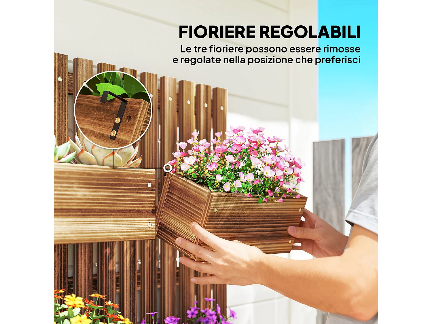 Fioriera verticale a doghe con 3 vasi rimovibili in legno marrone