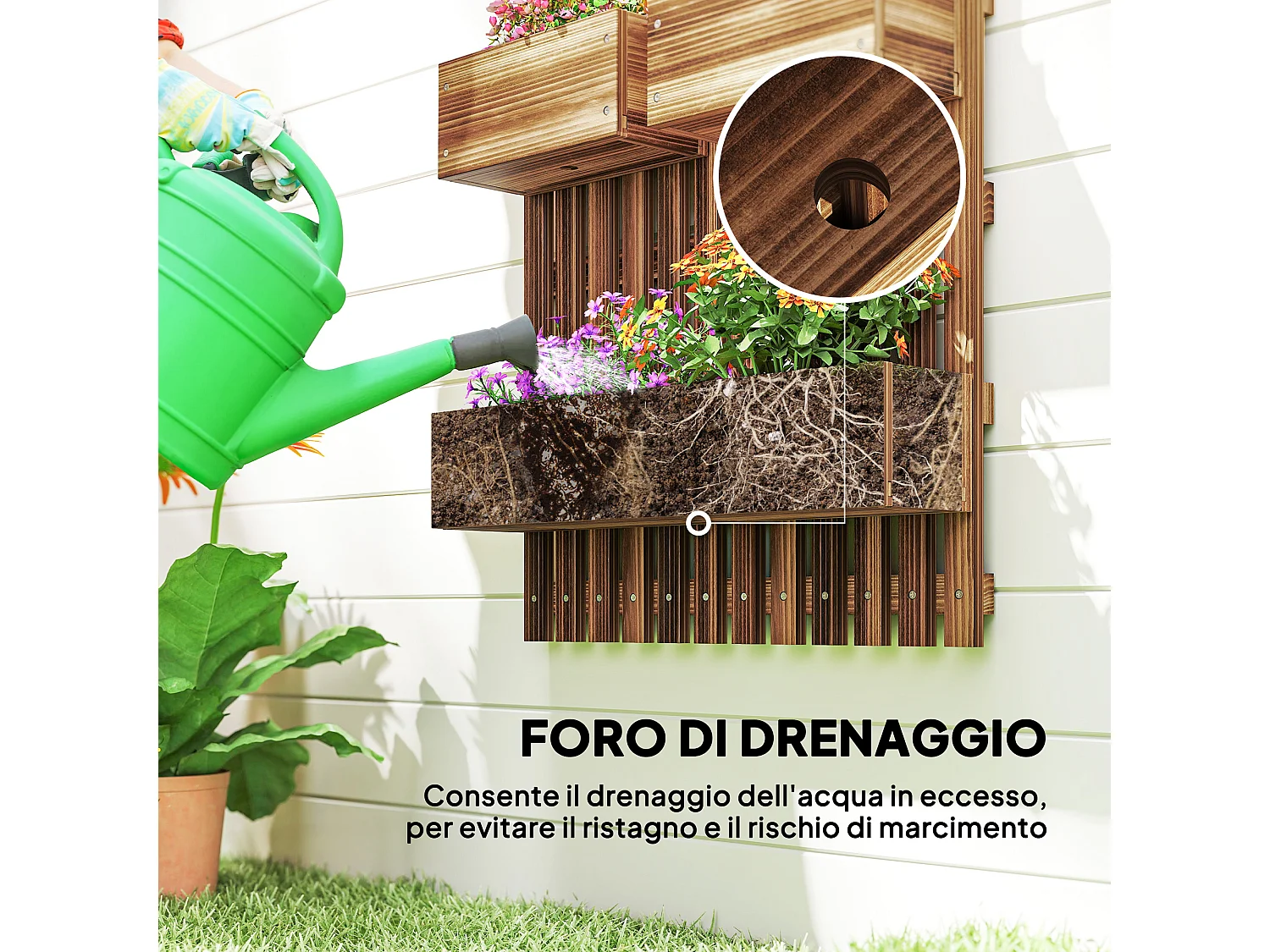 Fioriera verticale a doghe con 3 vasi rimovibili in legno marrone