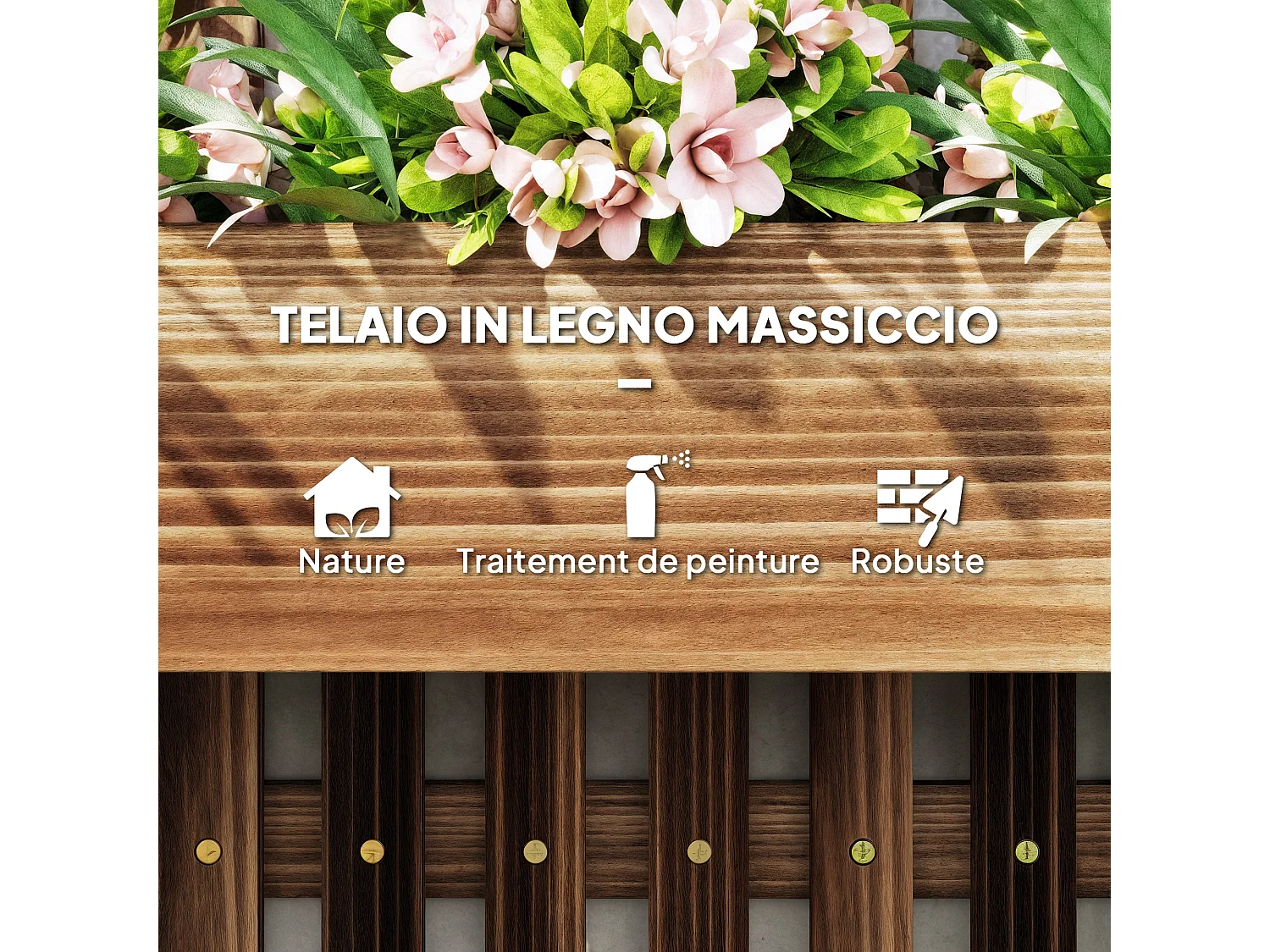 Fioriera verticale a doghe con 3 vasi rimovibili in legno marrone