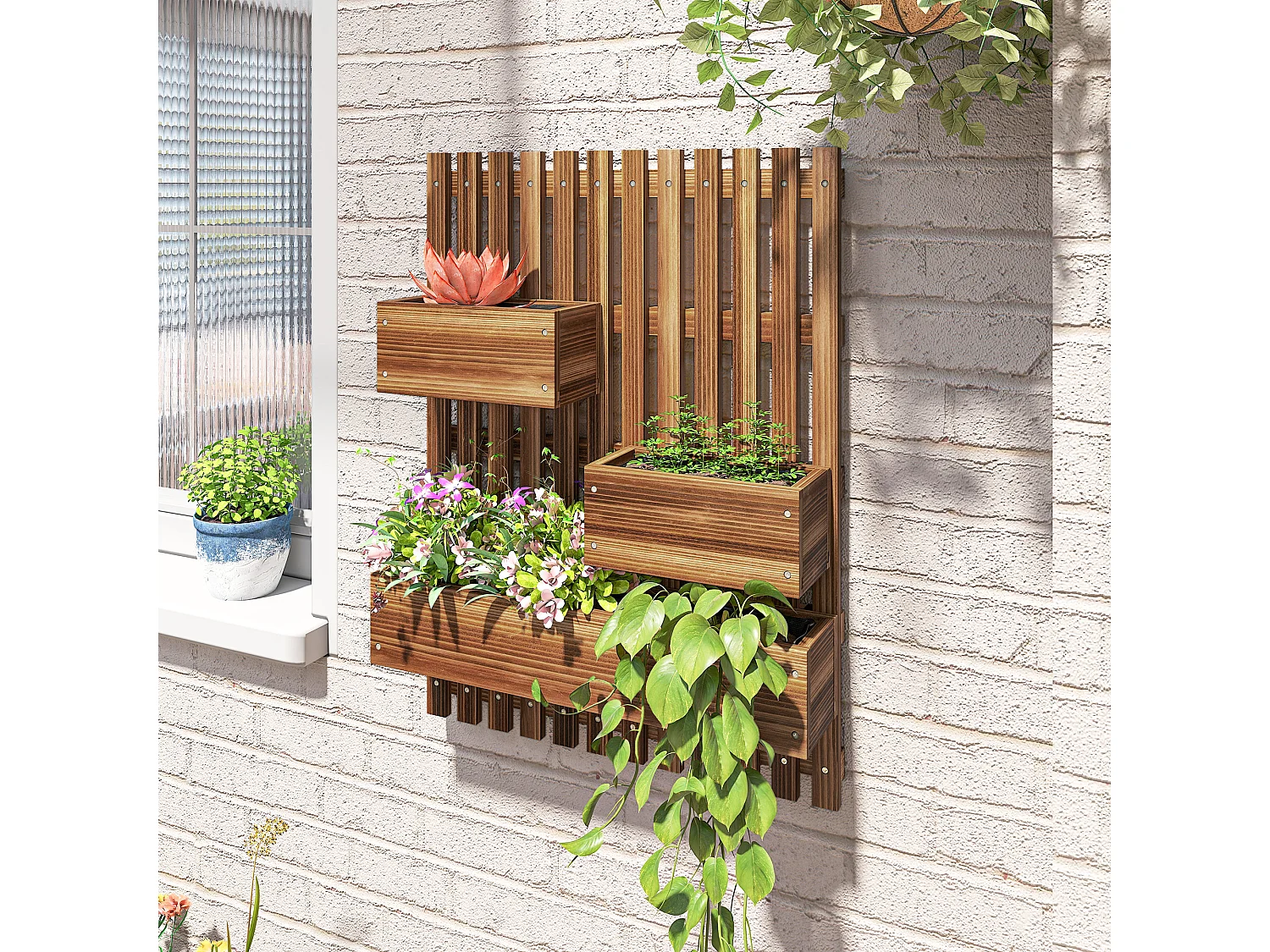 Fioriera verticale a doghe con 3 vasi rimovibili in legno marrone