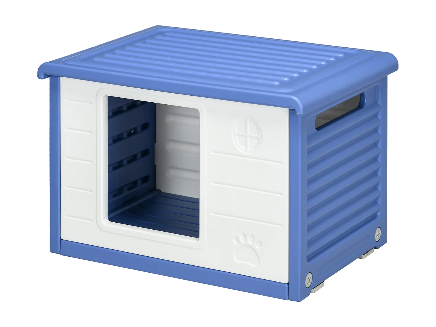 Cuccia per cani taglia piccola da esterno in polietilene blu e bianco