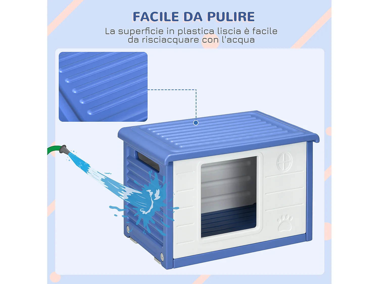 Cuccia per cani taglia piccola da esterno in polietilene blu e bianco