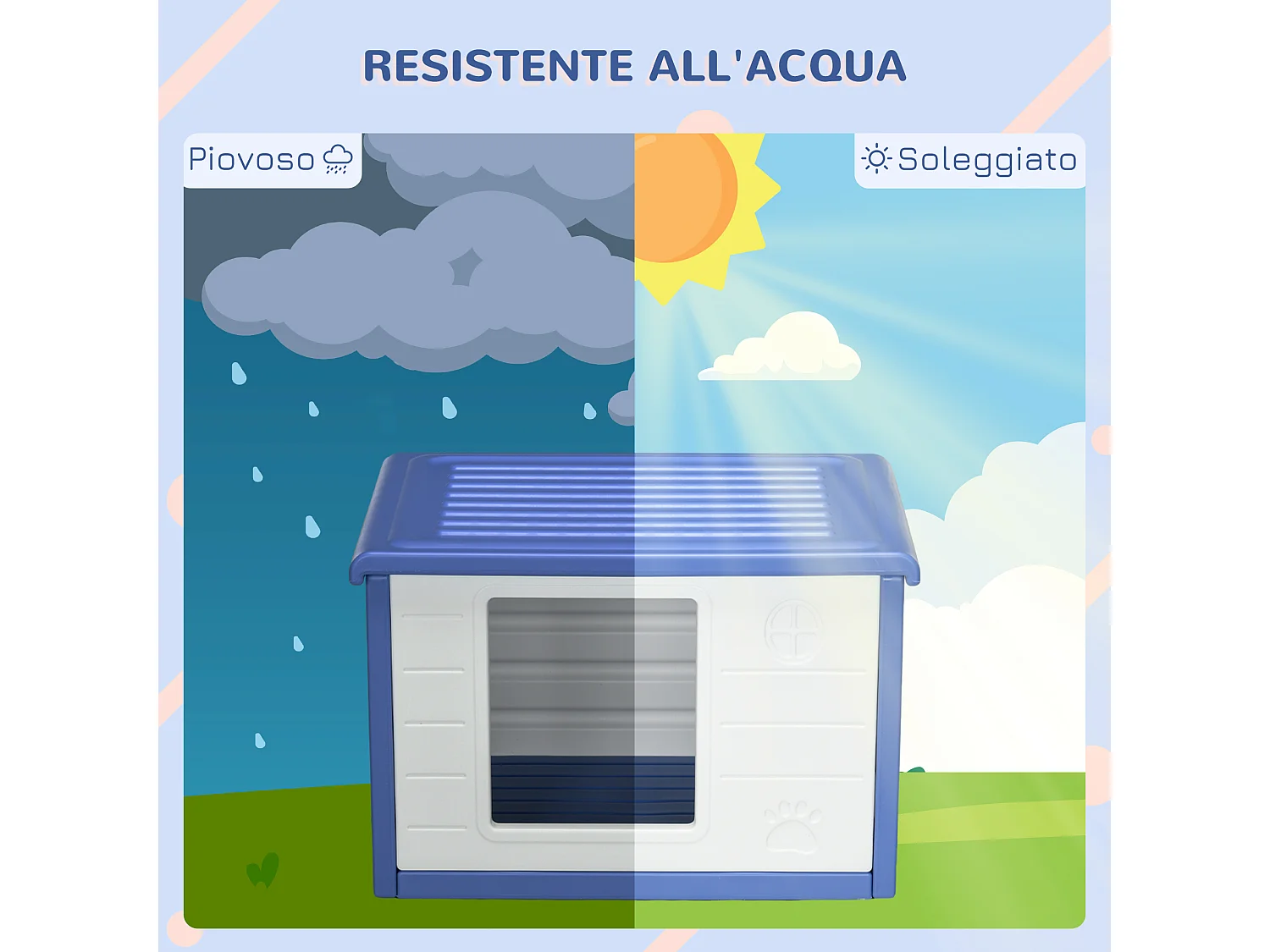 Cuccia per cani taglia piccola da esterno in polietilene blu e bianco