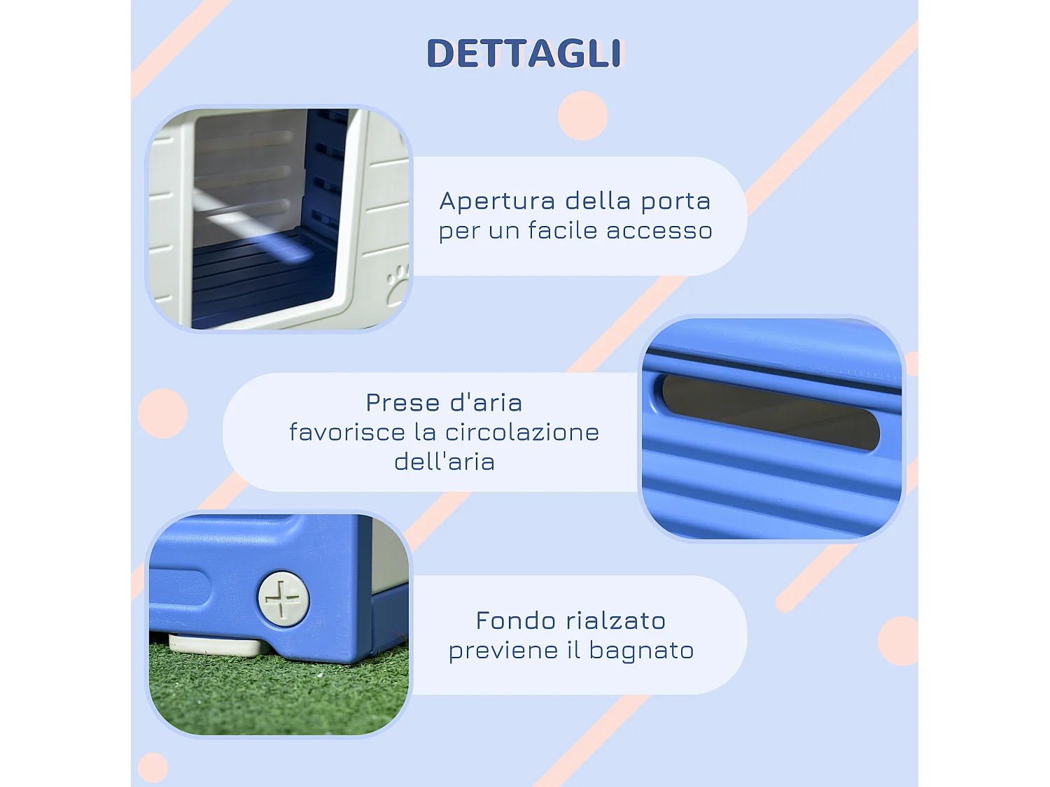 Cuccia per cani taglia piccola da esterno in polietilene blu e bianco