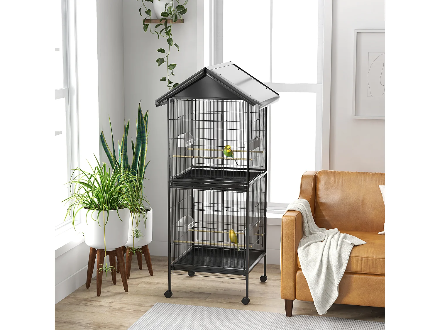 Voliera per uccelli a rotelle con vassoi estraibili e posatoi nero