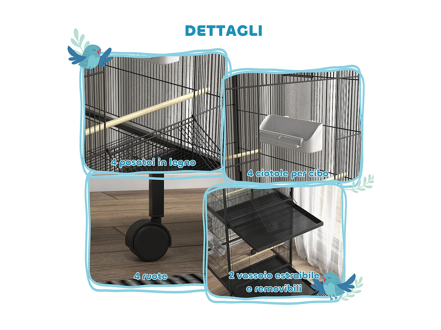Voliera per uccelli a rotelle con vassoi estraibili e posatoi nero