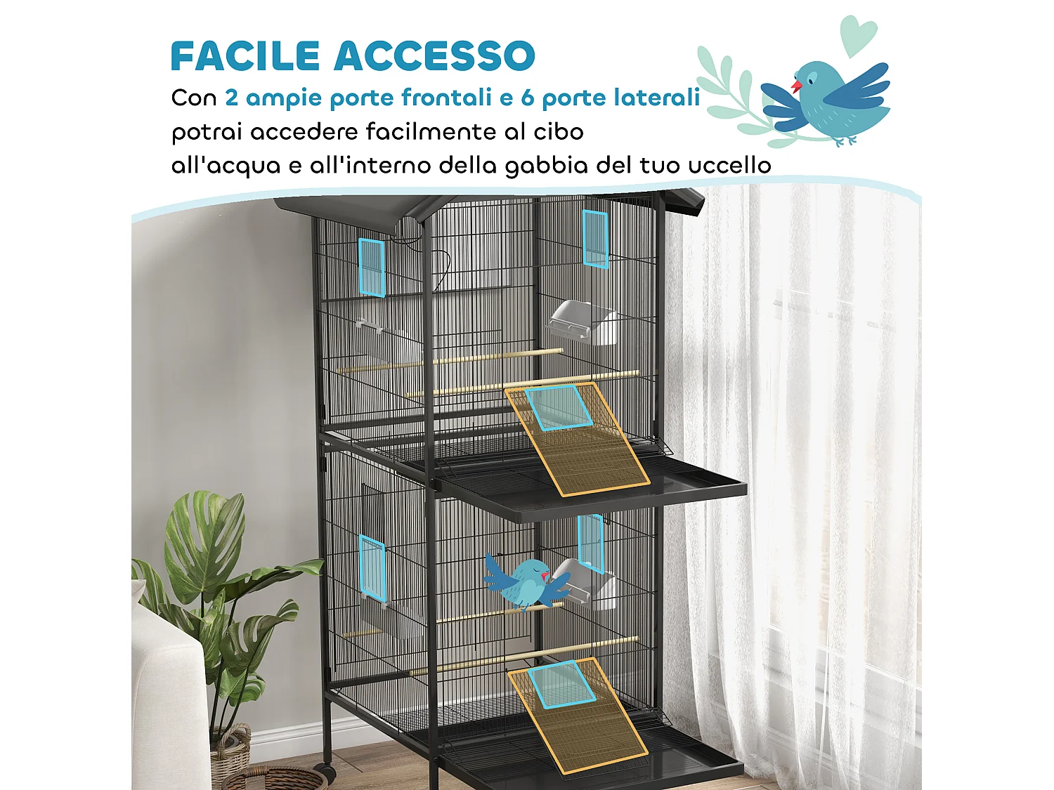 Voliera per uccelli a rotelle con vassoi estraibili e posatoi nero