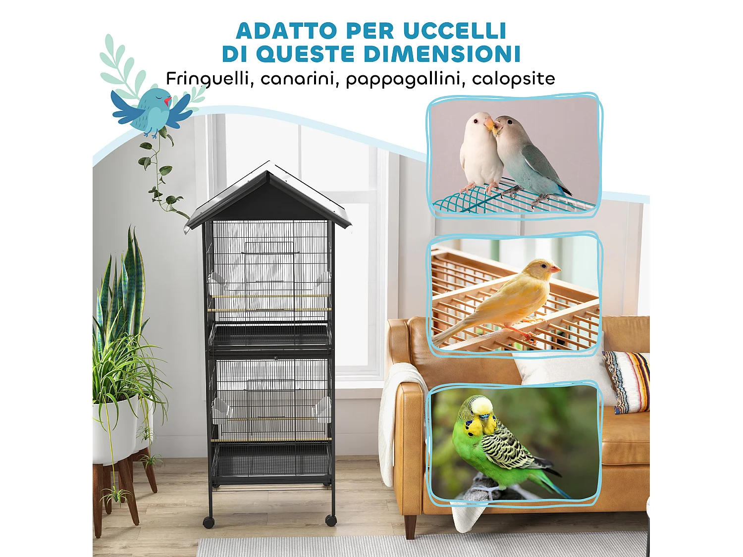 Voliera per uccelli a rotelle con vassoi estraibili e posatoi nero